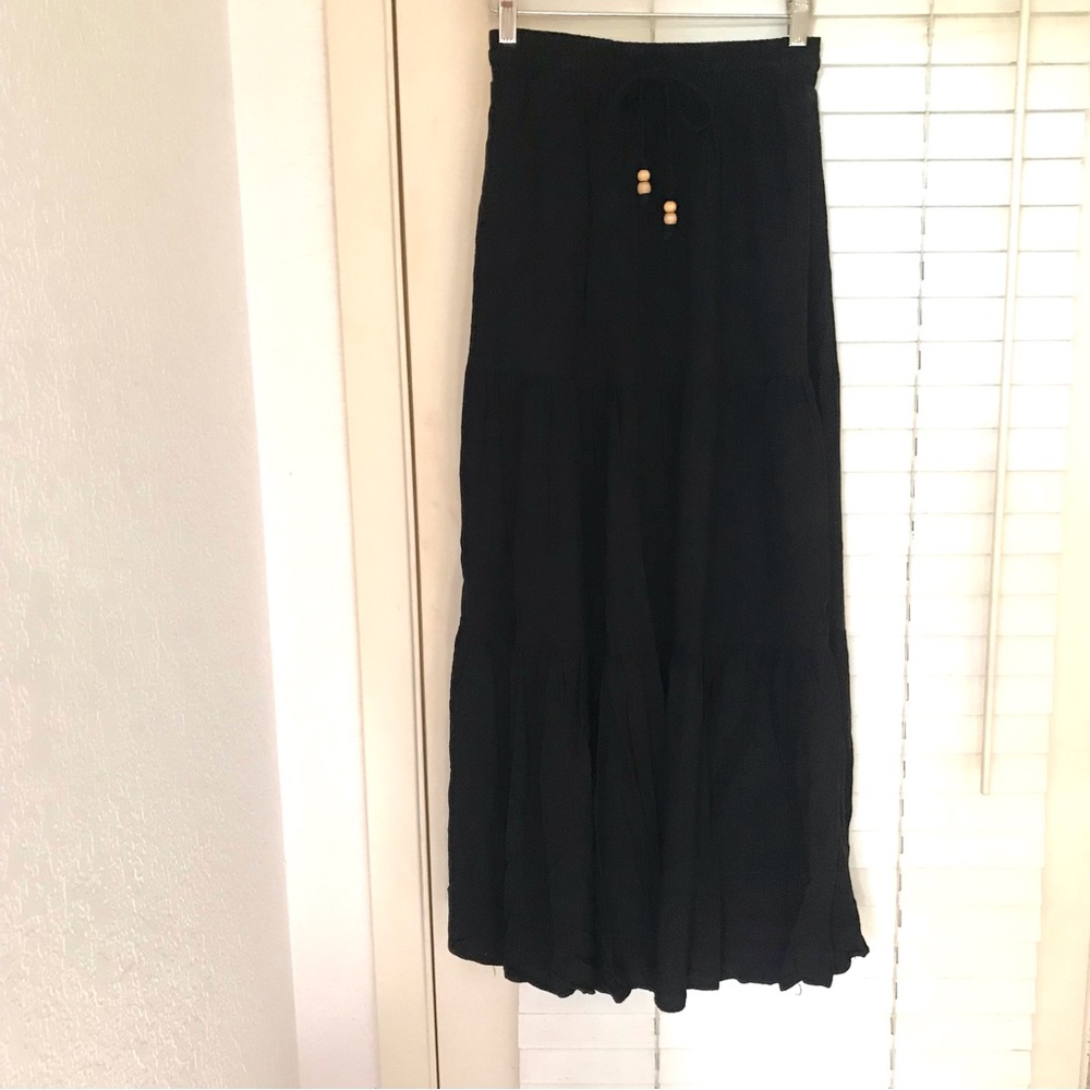 Haeof Maxi Skirt Black Boho Black Tiered Ruffle Sz XS Stretch & Tie Waist Hippie